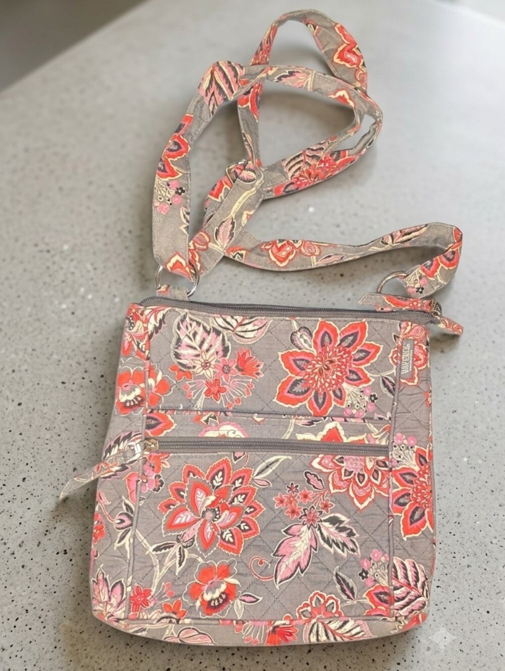 Waverly Quilted Floral Crossbody - Gray with Red & Pink Flowers